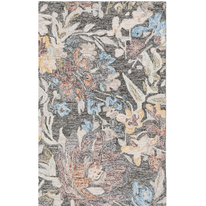 Caden Tufted Wool/Cotton Performance Floral Rug in Charcoal/Green, Square 6'