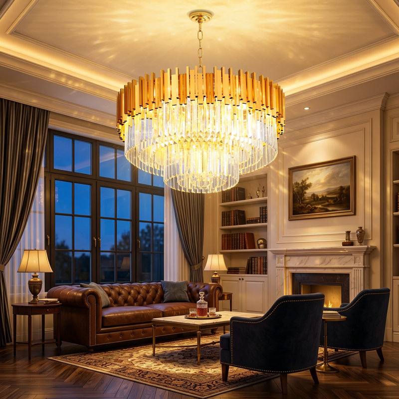 32" 2-tier Round Crystal Chandelier Gold