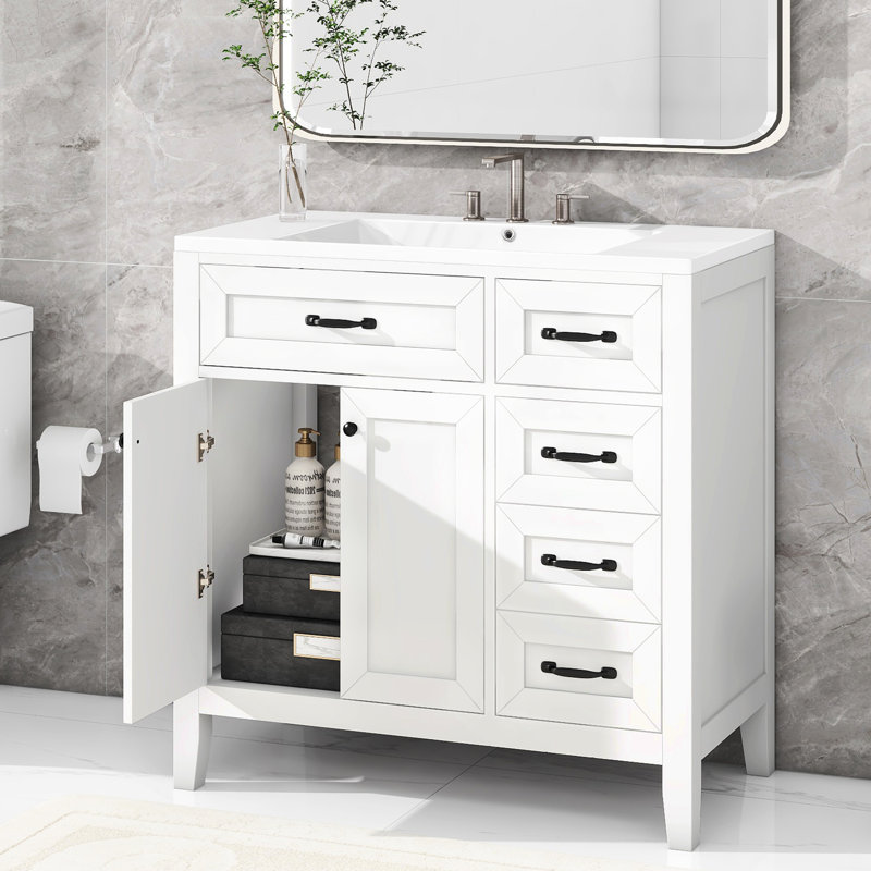 Meuble-lavabo de 36 po, couleur blanche, lavabo en bois massif et céramique, tiroirs à savon, finition peinte avec armoire, structure en caoutchouc, planche, trois tiroirs,