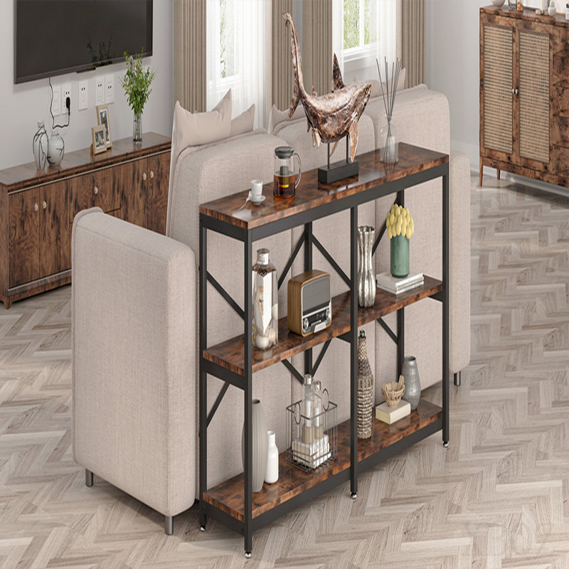 Console très longue de 70,9 po avec tablettes de rangement, canapé industriel à 3 niveaux derrière le canapé, table d'entrée moderne avec structure en X en métal, bibliothèque de couloir étroite pour le salon, brun rustique