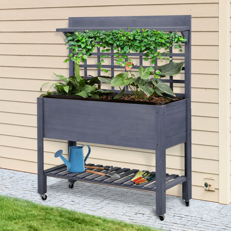 Lit de jardin surélevé en bois avec treillis, jardinière surélevée de 41 po pour les merveilles, attrait gris