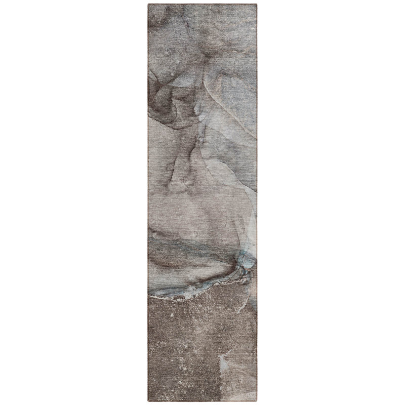 2' X 8' Taupe Abstract Washable Indoor Outdoor Runner Rug