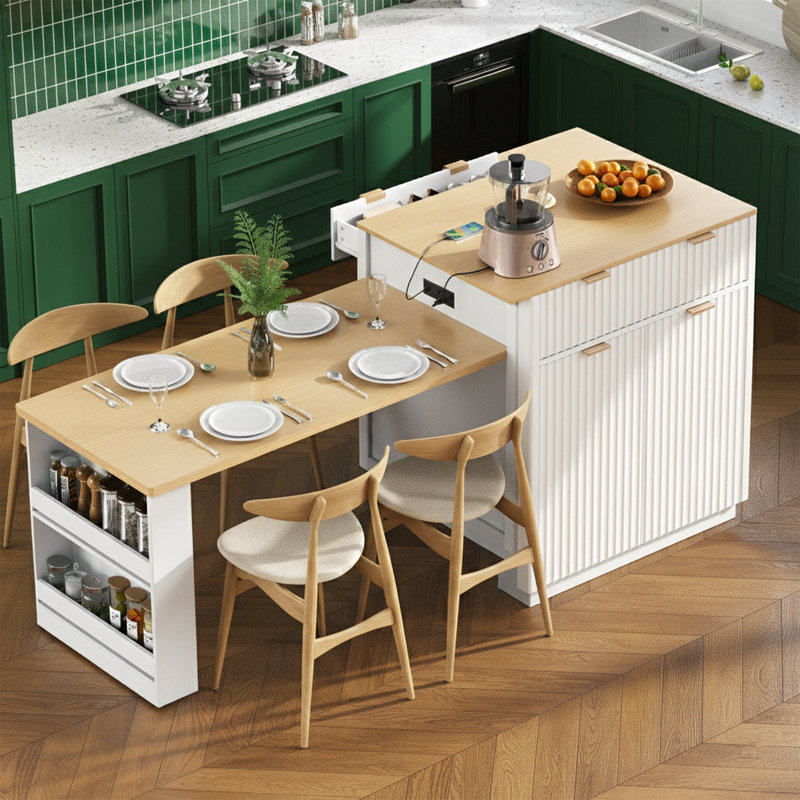82.6" Fluted Kitchen Island With Extendable Dining Table For 4-6 - Island With Power Outlet And Faux Marble Top - Double-Sided Storage - Black