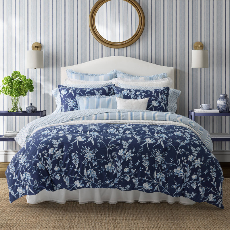 Indigo Blue Floral Cotton Full/Queen Bedspread Cover Set