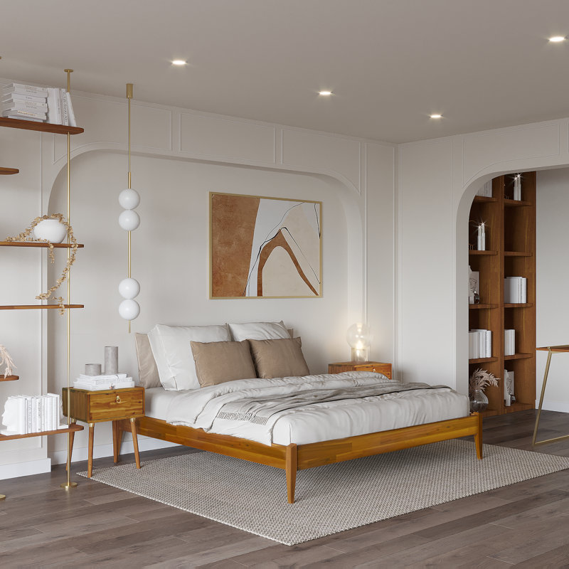 Finney Solid Wood Platform Bed without Headboard, Mid-Century Modern Bed Frame, Caramel, King
