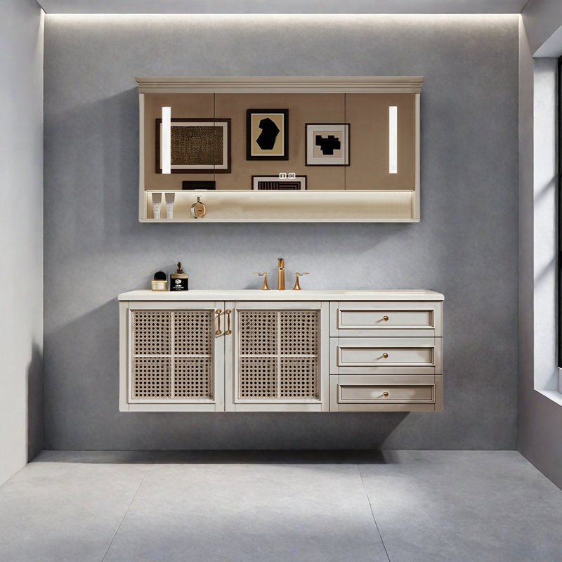 Retro-style rattan bathroom cabinet, 21.65" H x 51.18" W x 21.65" D