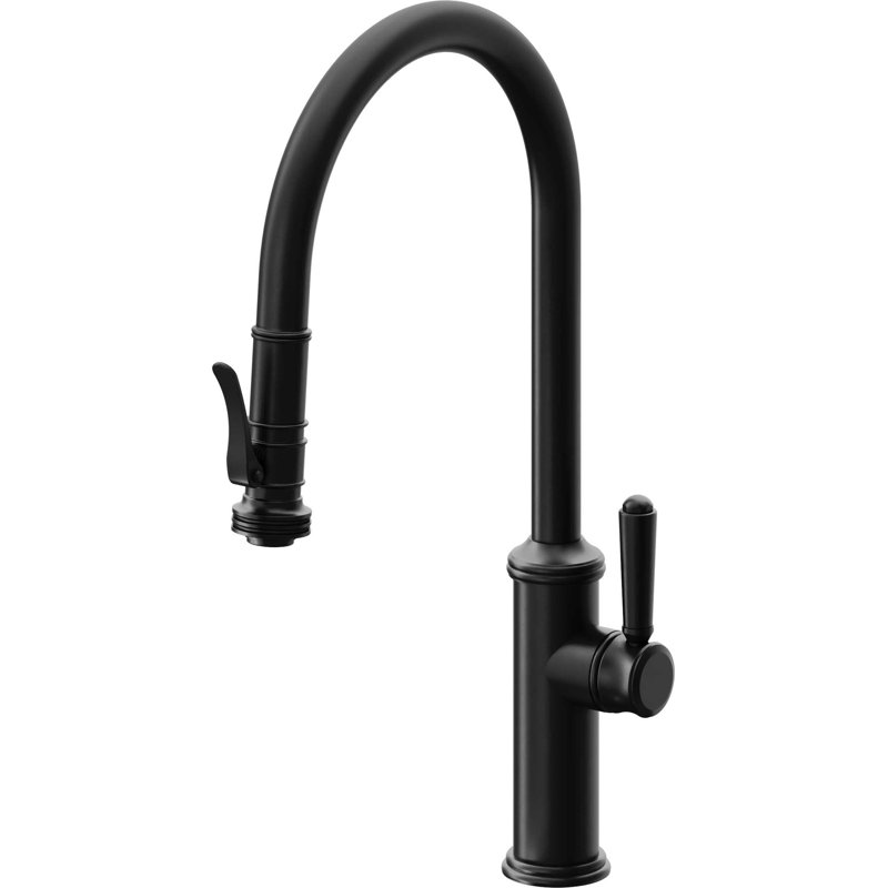 Davoli Pull-Down Kitchen Faucet with Squeeze Sprayer - High Arc Spout, Matte Black, Vintage Lever