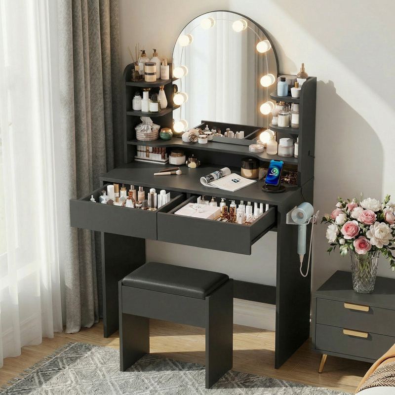 Coiffeuse de maquillage avec miroir lumineux et prise de courant, petit bureau de meuble-lavabo moderne avec tablettes de rangement latérales pour la chambre à coucher