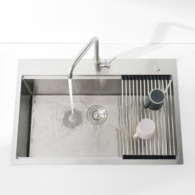 Stainless Steel Sink 33"X22", Overmount Installation, Single Bowl - And Stylish, Sound Absorbing, With Grid Drain 33"X22" Sink, Overmount, Scratch- Exterior, Spacious For Kitchen Use,