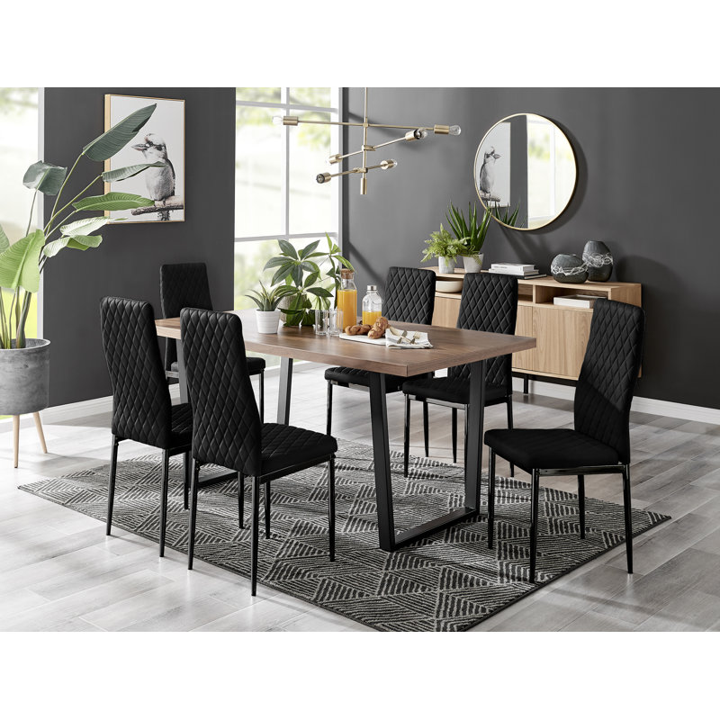 Edzard Marble Effect & Chrome Metal Rectangular Dining Table Set - 6 Luxury Velvet Dining Chairs, Brown Wood/Black