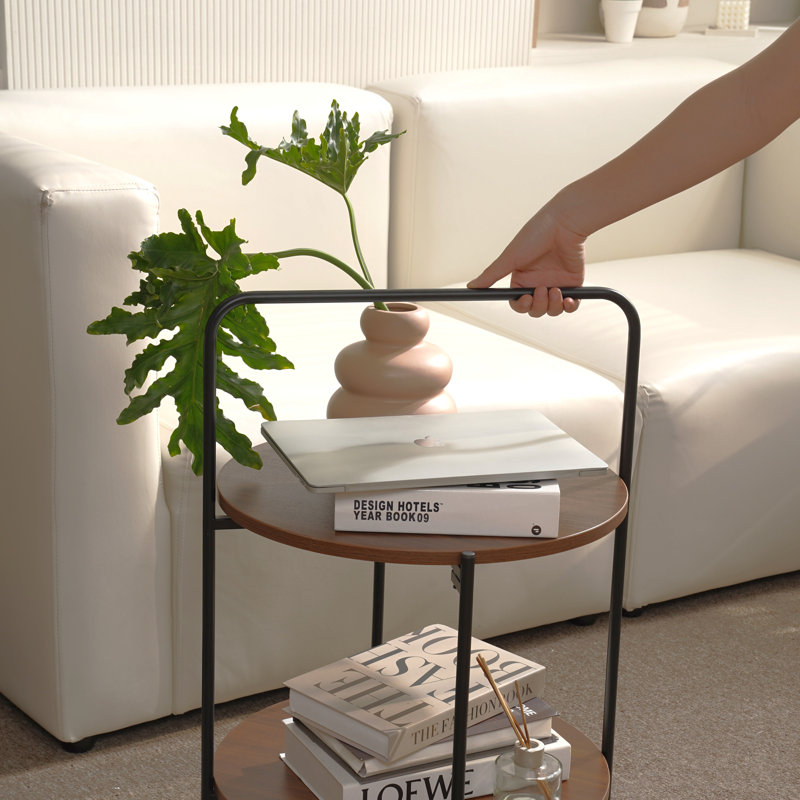 Mijas 2 Tier Storage Shaelves Round End/Side Table with Handle for Living room, Bedroom, Brown