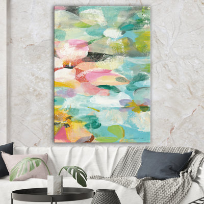 Abstract Flowers in Blue and Pink - Wrapped Canvas Painting Print
