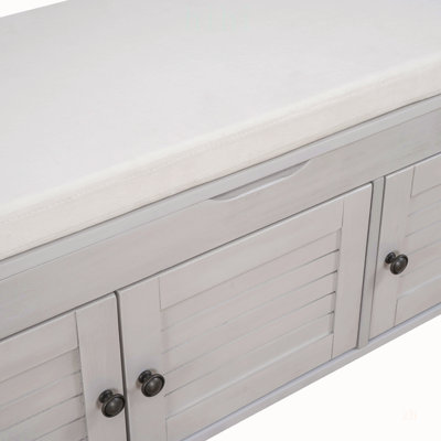 Banc de rangement rustique avec 3 portes en forme de volet, coussin amovible et espace de rangement caché pour les entrées et les chambres