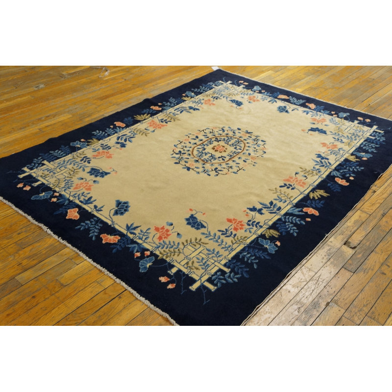 Small Ivory Cream Color Antique Artistic Open Field Floral Medallion Chinese Peking Rug