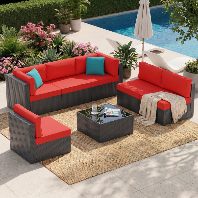 Modular 7 Piece Outdoor Rattan Seating Set For Patio Furniture, Red