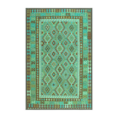 Tapis vert / bleu / brun en laine et en polyester tissé à la machine 8 pi x 12 pi Emmaunel