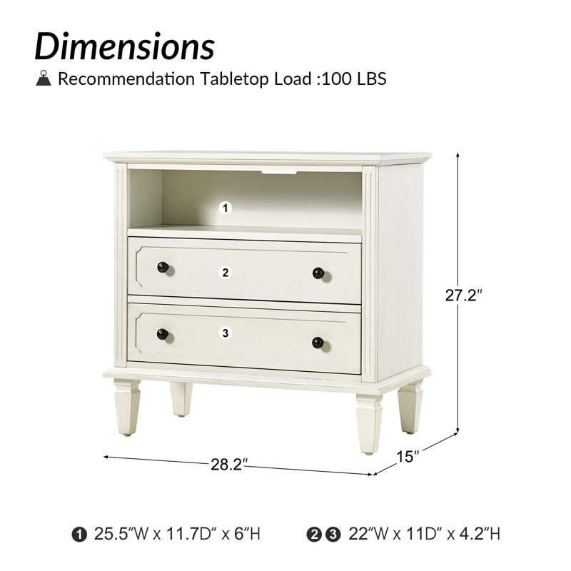 Table de bout traditionnelle à 2 tiroirs avec station de charge et pieds en bois massif Amberlyn, Blanc