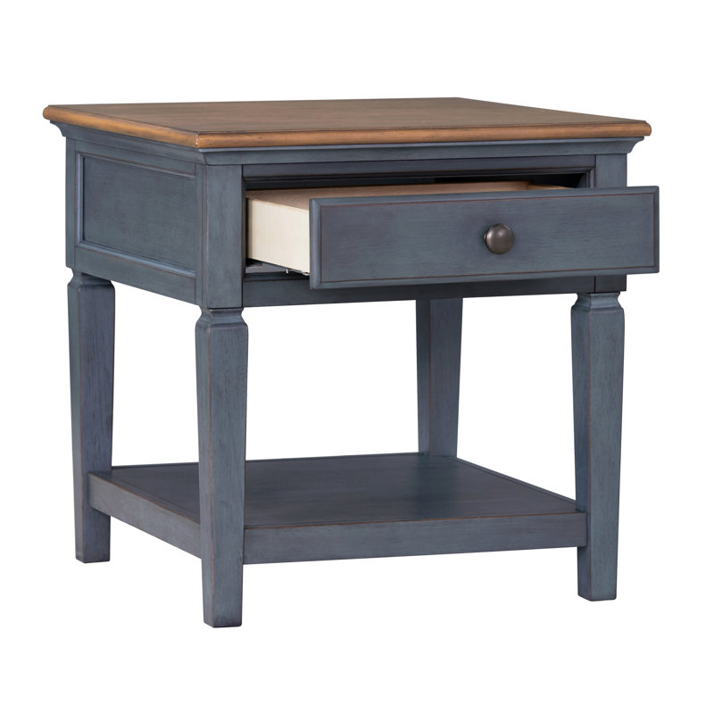 Table de bout 24 po en velours côtelé bleu, sans assemblage, caoutchouc massif et placages de bouleau avec velours côtelé bleu, 24 po, tiroir inclus