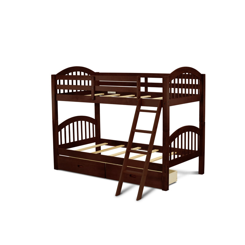 Lits superposés en bois franc pour espaces compacts avec échelle et deux tiroirs, espresso, Espresso