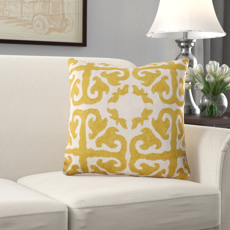 Embroidered Canvas Reversible Throw Pillow, 22" x 22", Mustard