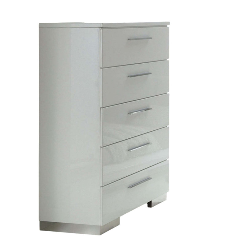 Commode une pièce de style contemporain moderne avec revêtement ultrabrillant et cinq tiroirs spacieux pour un rangement amélioré et un attrait esthétique