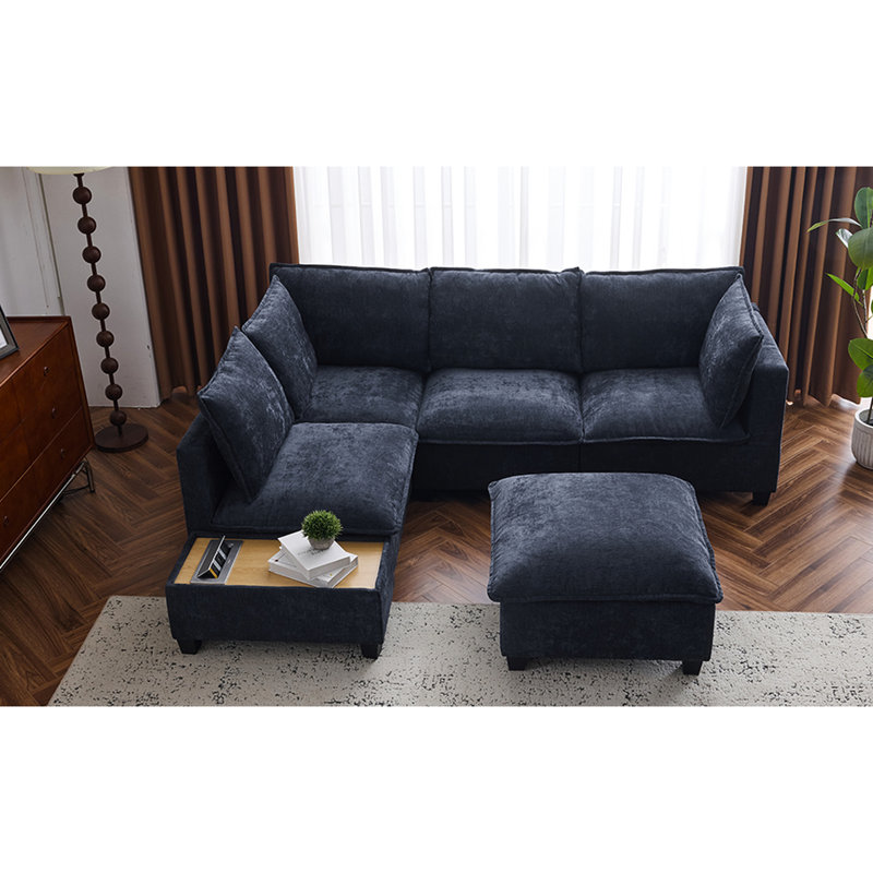 U-Shaped Sectional In Blue. Movable & Coffee Table With Hidden Charging. Cosy Padded Seating, Decoration Blue 90" Table. Charging Socket, Delight, Long-Lasting Beauty Increase