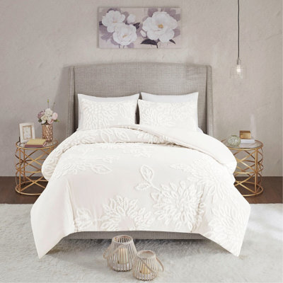 Ensemble de housse de couette à motif floral en chenille de coton capitonné 3 pièces pour lit double / grand, style maison de campagne douce et confortable