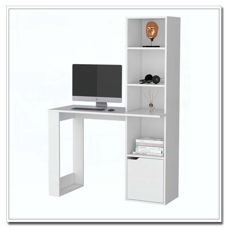 White Computer Desk with 4-Tier Bookcase and 1-Door Cabinet, White