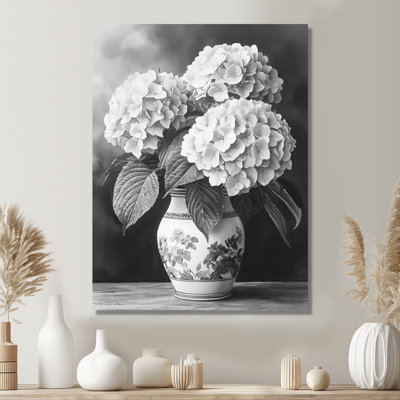Hortensia dans un vase monochrome II - impression d'hortensias sur métal