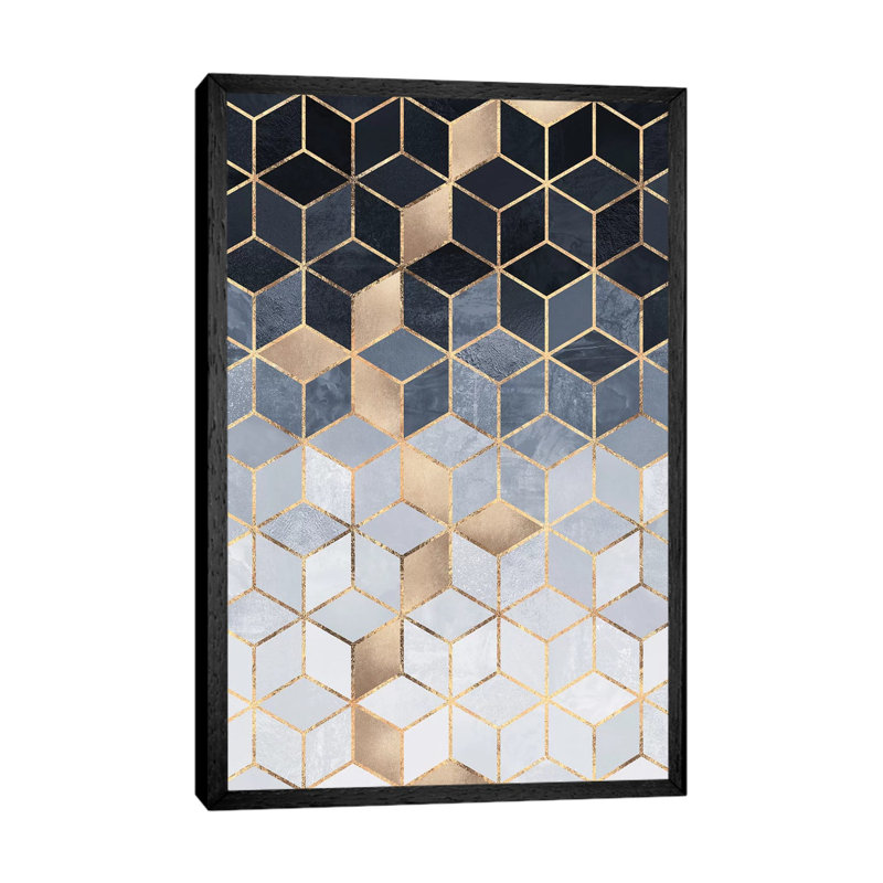 Soft Blue Gradient Cubes, Rectangular by Elisabeth Fredriksson - Print on Canvas, Black Floater Framed