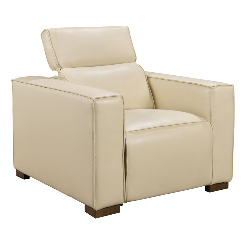 Petkana Reclining Lounge Chair With Barista Brown Legs And Beige Full-leather, Brown Wood