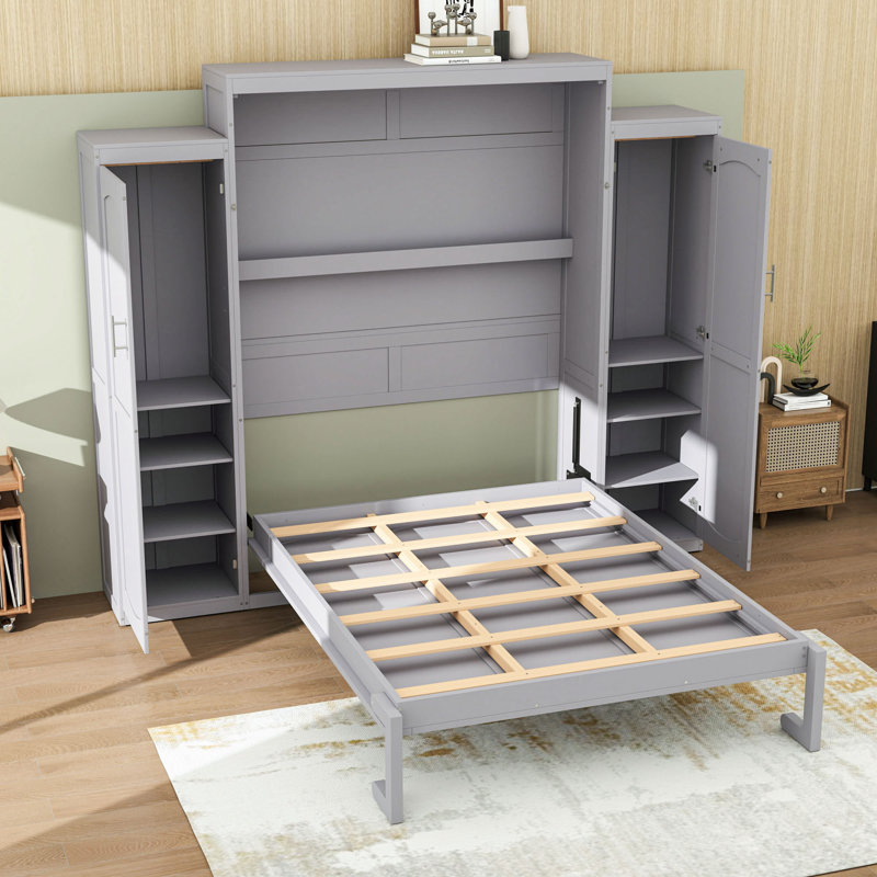 Lit escamotable en bois avec 2 garde-robes et tablettes, gris, Grand