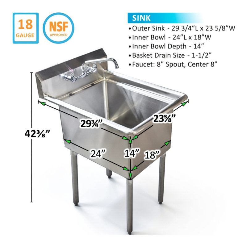 Évier de buanderie utilitaire à 1 compartiment en acier inoxydable avec robinet et cuve de drainage Express KitchQuip 24 po x P 18 po