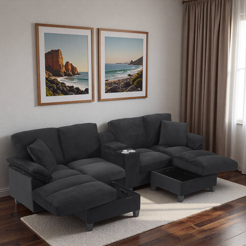 Canapé modulaire moderne en forme de U avec porte-gobelets, ports USB et repose-pieds avec rangement, Velours côtelé noir