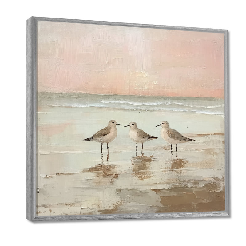 Bécasseaux du coucher du soleil - Tableau sur toile de plage, H 36 po x l 36 po, Encadrement argenté