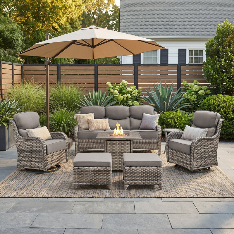 Wickes 7-Piece Outdoor Conversation Set With Fire Pit Table, 3-Seat Sofa & Swivel Gliders, 6" Thick Cushions, All-Weather PE Wicker
