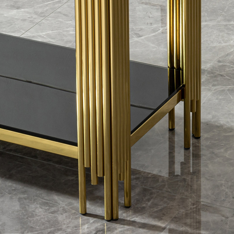 Console moderne avec plateau en verre et miroir en acier inoxydable doré