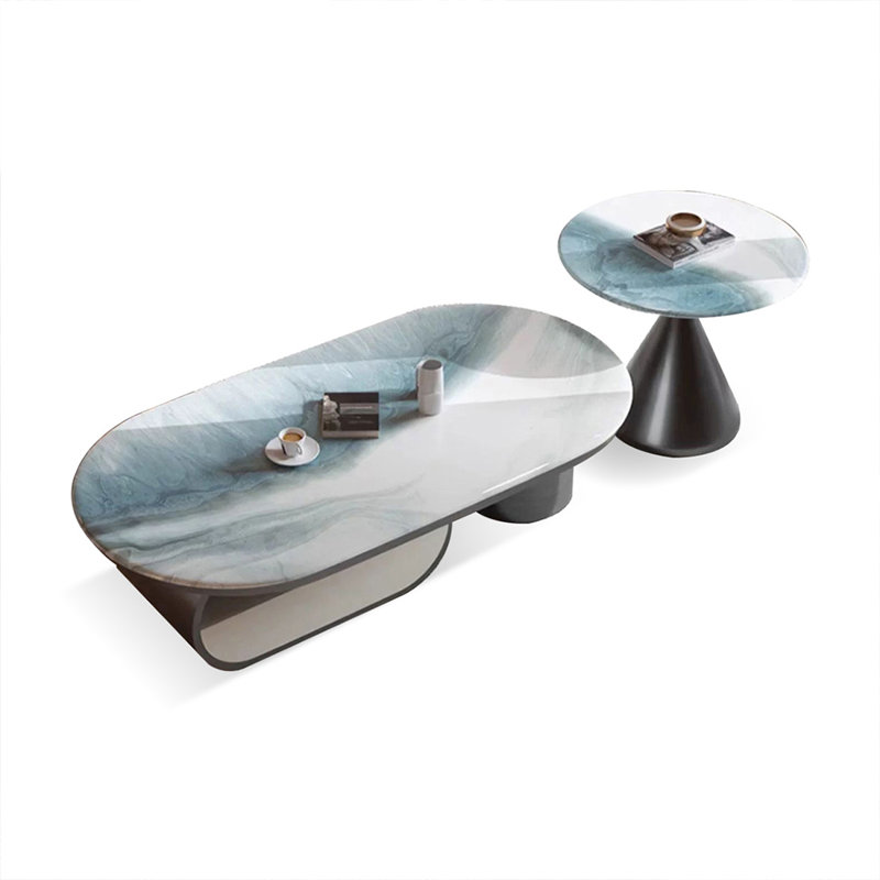 Table basse ovale en bois manufacturé blanc et acier inoxydable, Bleu / blanc, H 16,54 po x L 47,24 po x l 23,62 po