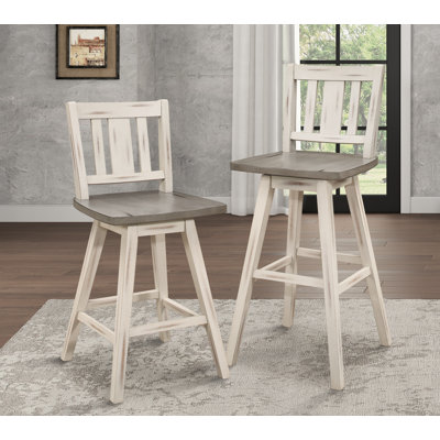 Pub Height Chairs Set Of 2, Distressed And 360-Degree Swivel Chair Solid Rubberwood Furniture, Vertical Slat Back Bar Chairs -  Gracie Oaks, 627DE914626E402680A7FE6F97F627F0