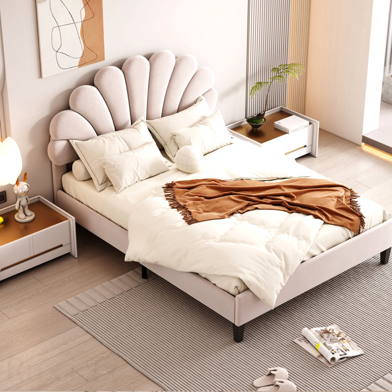 Lit plateforme double tapissier avec tête de lit en velours à motif floral, beige, Beige, Full