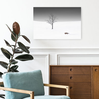 Solitary Fox Winter Tree Abstract Minimalist Fox Horse Forest Landscape Wall Art Print 1 Piece Wrapped Canvas Wall Art