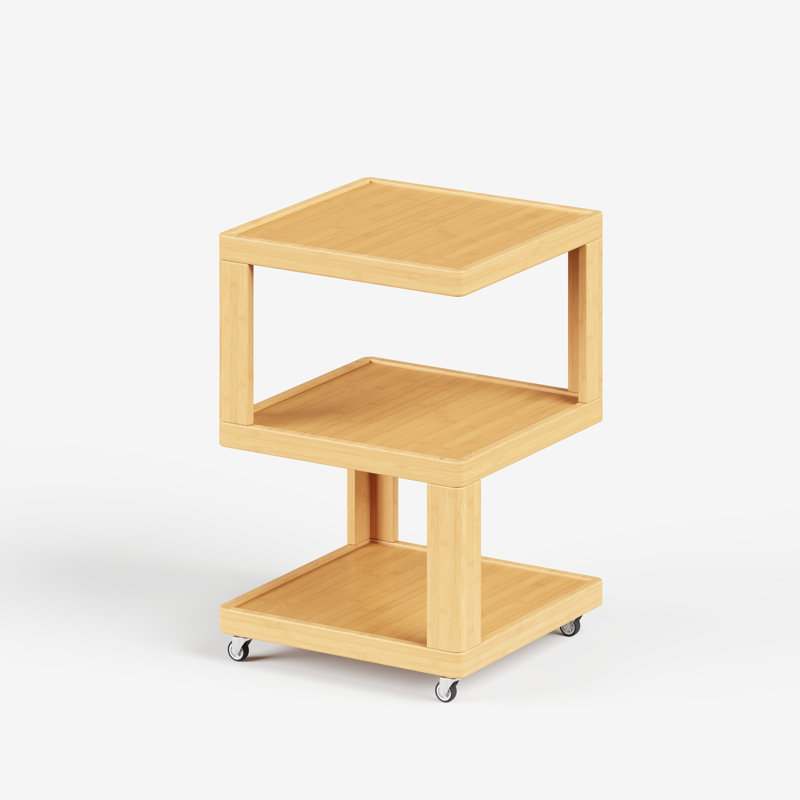 Natural Solid Wood 3-Tier Rolling Side Table,Natural Finish