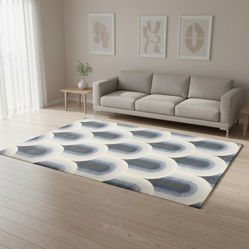 Tapis géométrique crème et bleu 5 pi x 8 pi