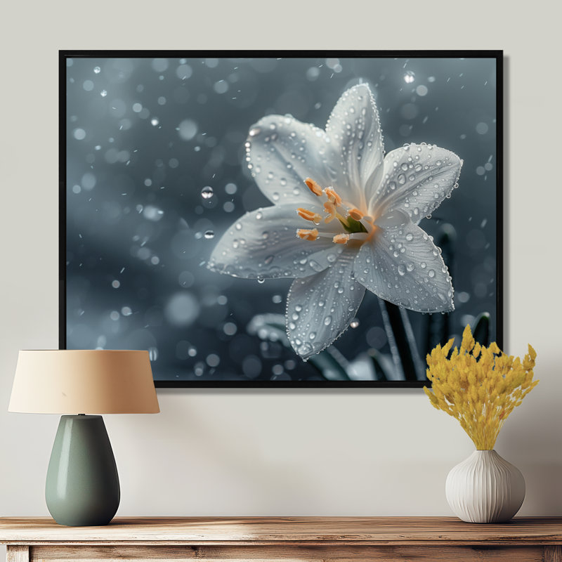 Fleurs blanches enneigées dans la brise hivernale - Décoration murale Snowdrops, Toile avec cadre flottant noir