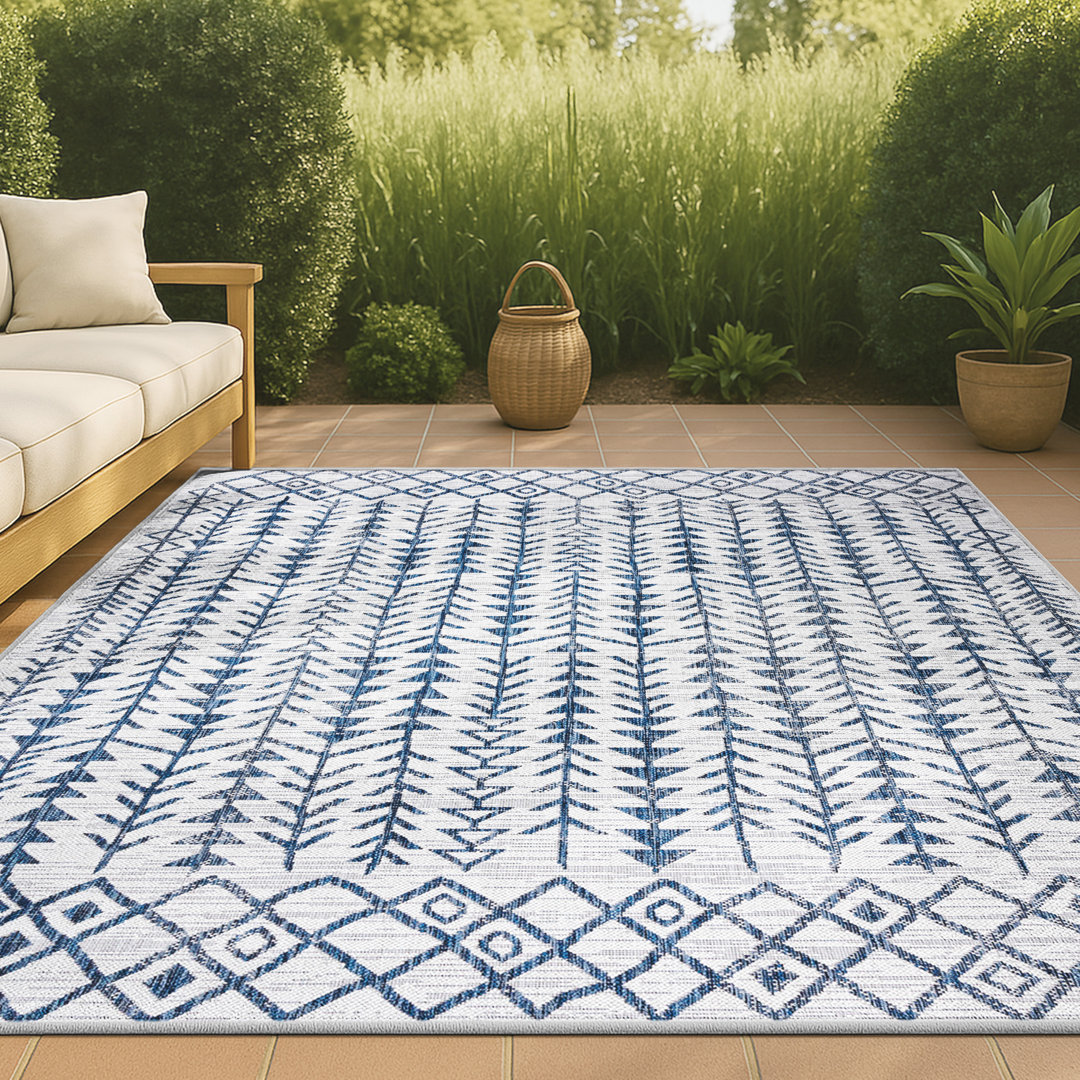 Allain Bohemian Geometric Ivory/Blue Indoor/Outdoor Rug Langley Street® Rug 