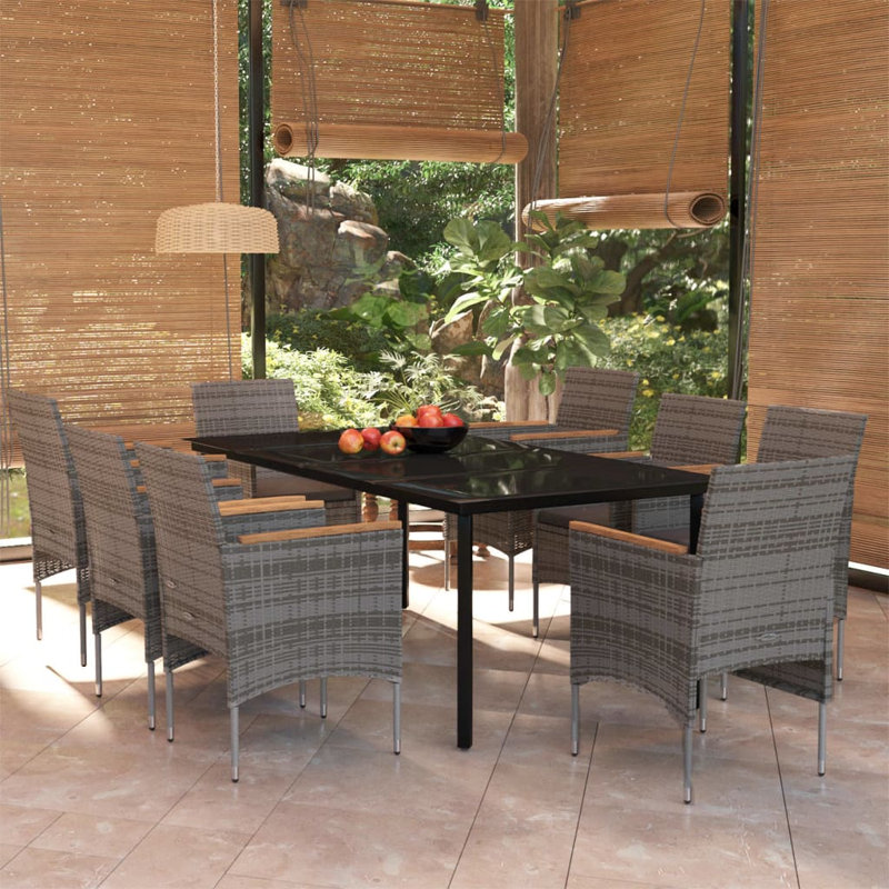  Garden Dining Set Grey And Black, Dark Gray Cushion/Gray Frame, 29.1" H x 78.8" W x 39.4" D, 8