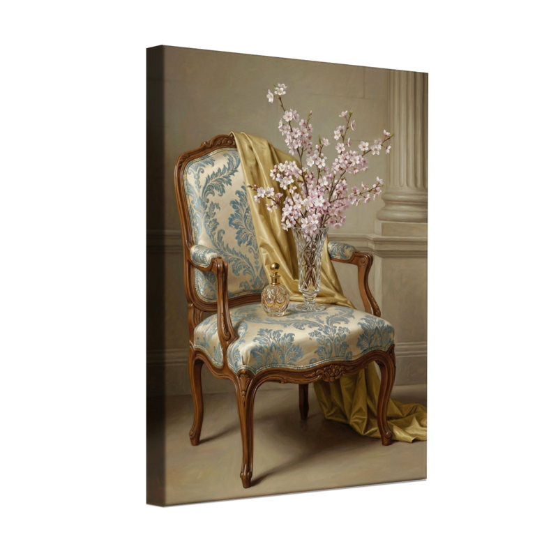 Plants & Flowers Elegant Chair With Floral Arrangement And Golden Drapery, 18" H x 12" W