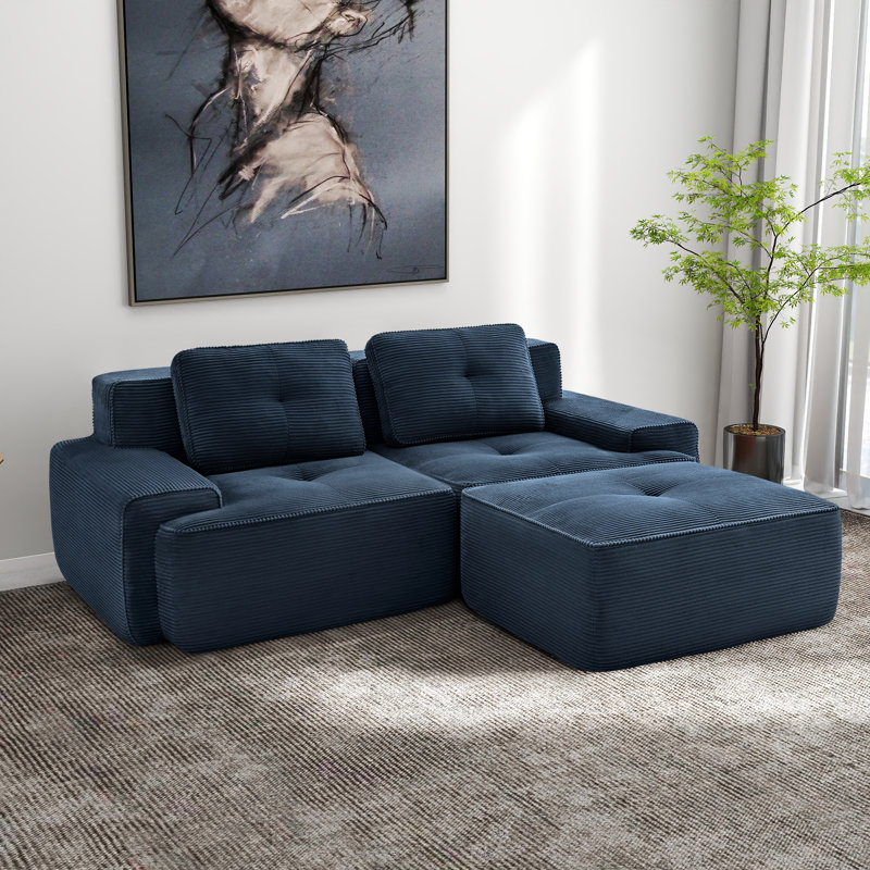 Canapé modulaire en forme de L de Boneless de 82 po pour le salon, tissu en velours côtelé, Bleu