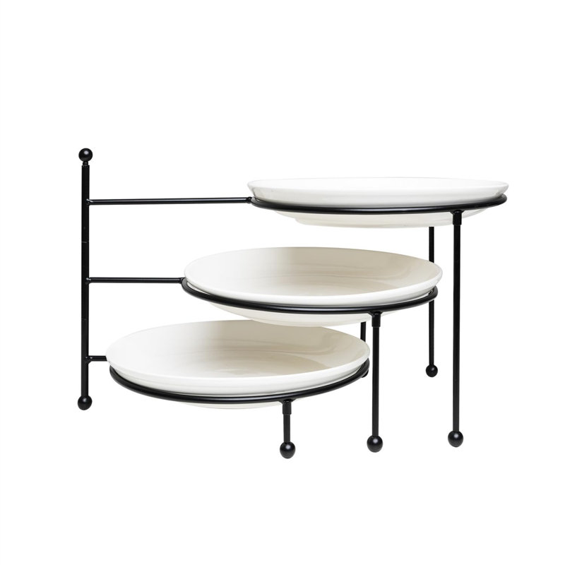 Support de service pivotant pliable à 3 niveaux avec assiettes en porcelaine blanche