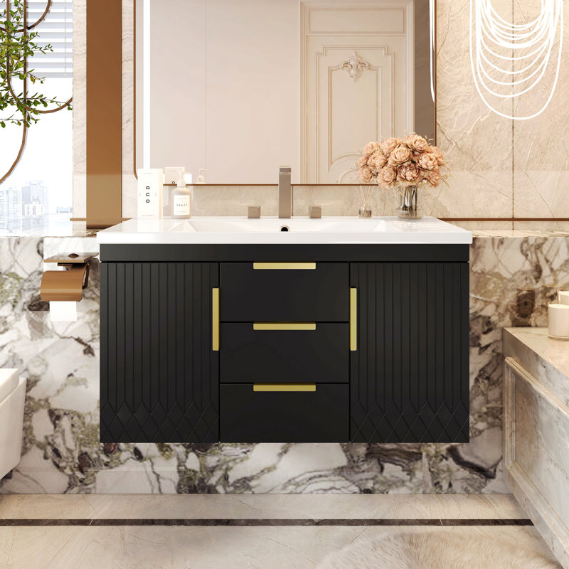 Meuble-lavabo mural de 91 cm (36 po) avec lavabo en résine, meuble de rangement suspendu pour salle de bain avec 2 tiroirs